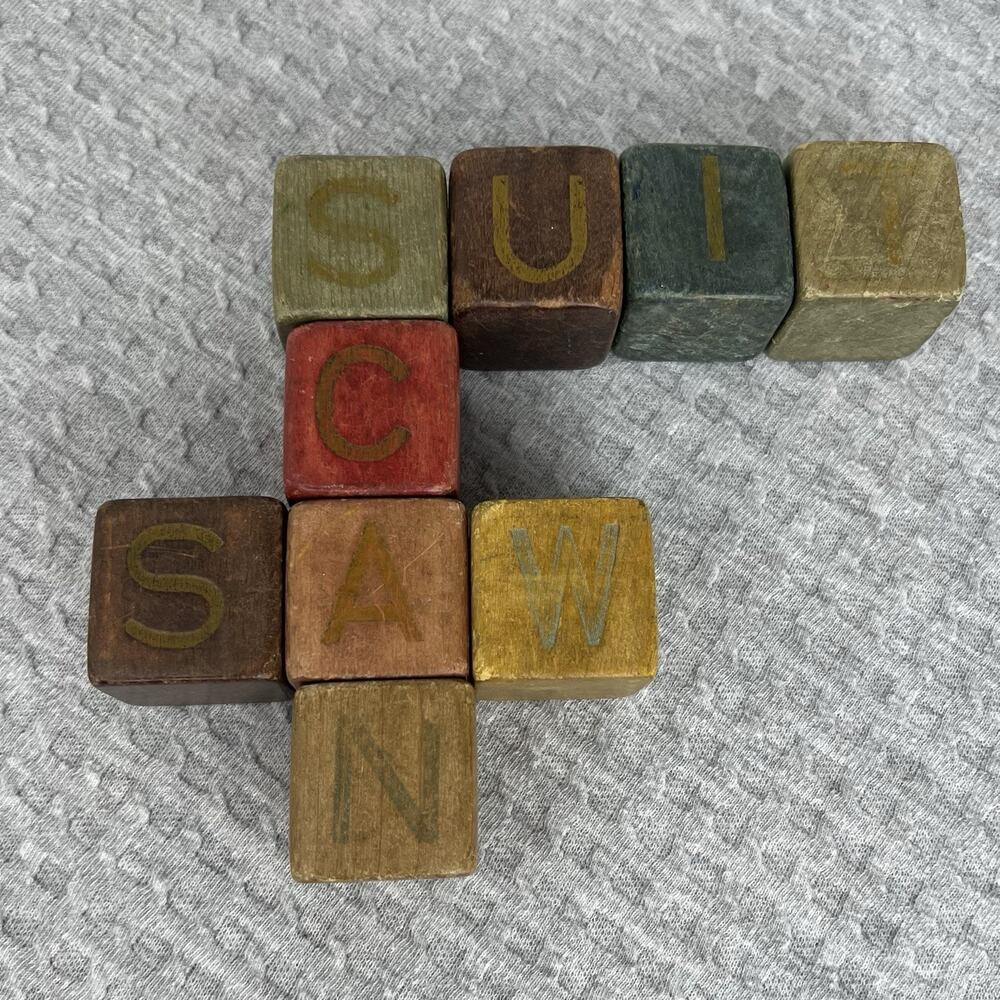 Vintage Wooden Alphabet Blocks Lot of 9 ABC Letters Primitive Nursery Toy Decor